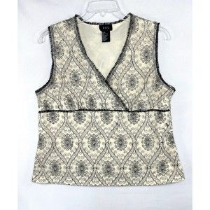 RQT Women's XL Sleeveless Lace Top Embroidered Floral Design Black Beige Mesh